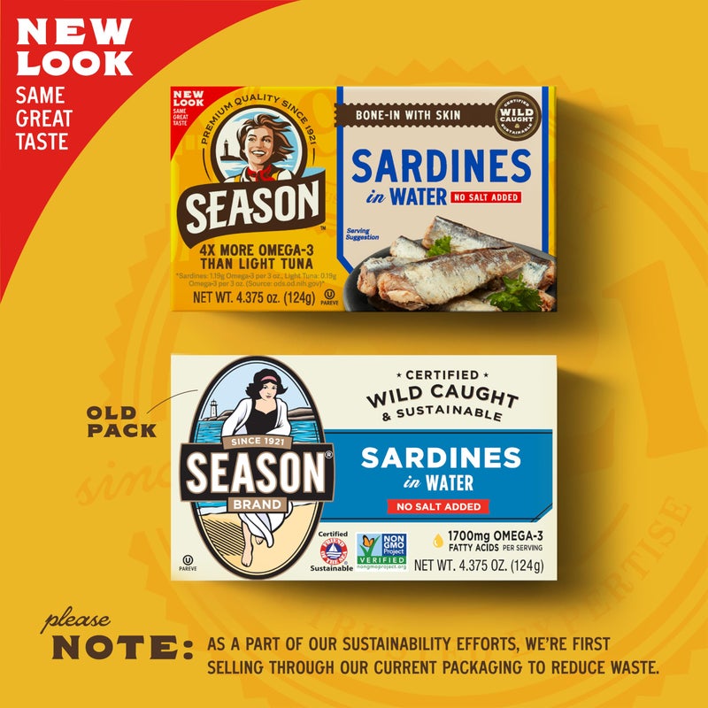Season Sardines in Water - No Salt Added, Wild Caught, 22g of Protein, Keto Snacks, More Omega 3's Than Tuna, Kosher, High in Calcium, Canned Sardines - 4.37 Oz Tins, 12-Pack - Image 2