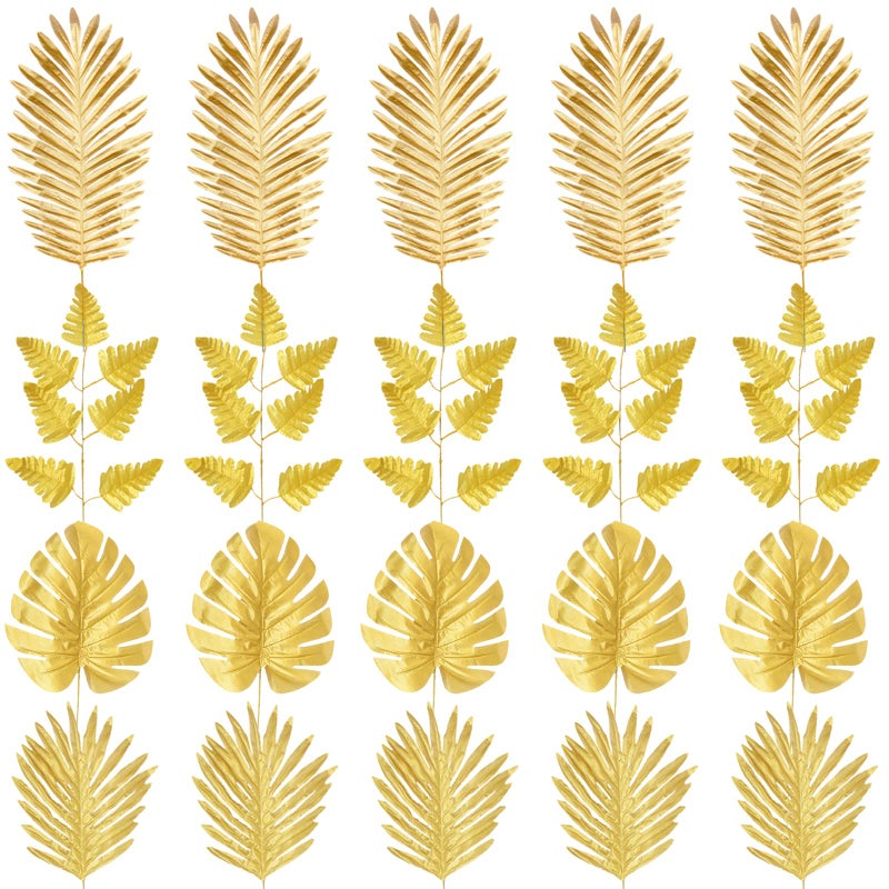 Winmany 20PCS Gold Palm Leaves 4 Types Artificial Tropical Monstera Plant Jungle Theme Party Leaves Decorations for Baby Shower Party Wedding Table Decorations Golden Leaves 