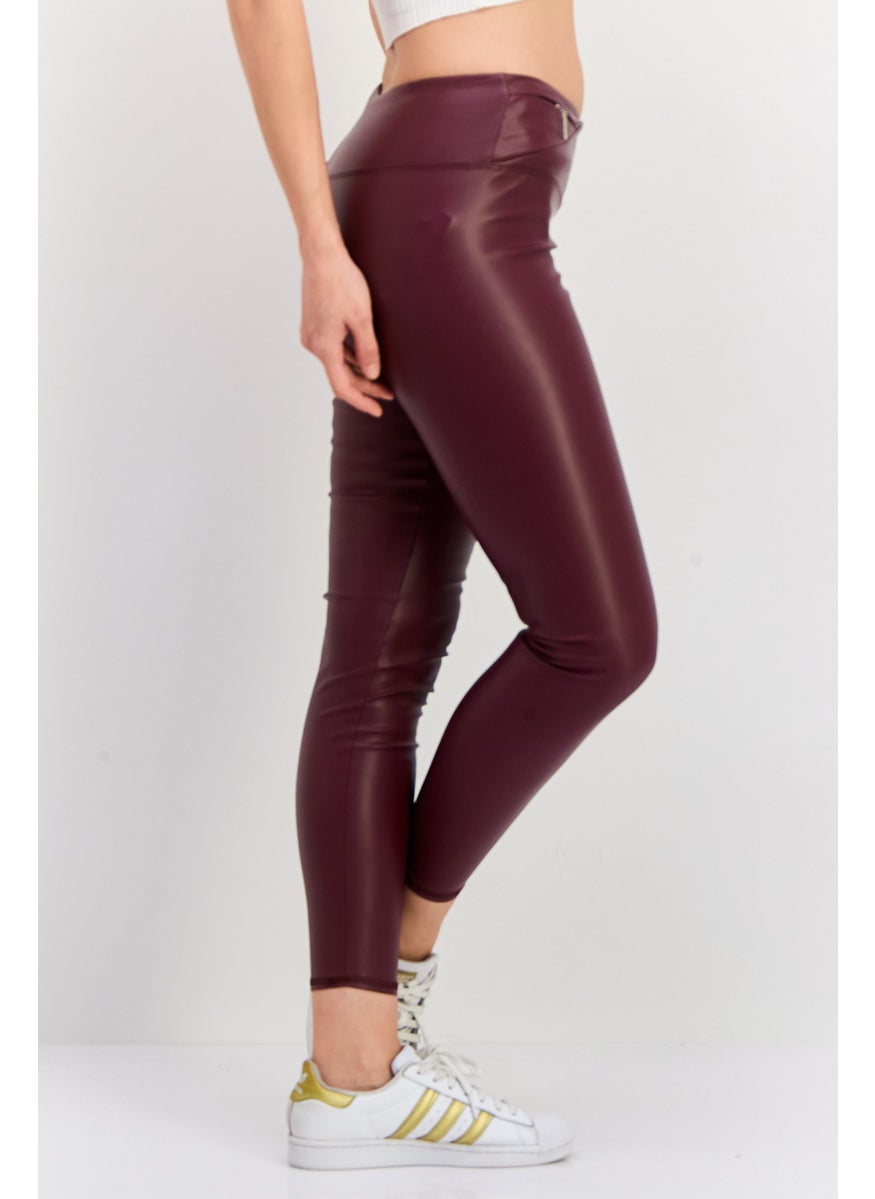 Tahari Sports - Women Sportswear Fit Faux Leather Training Leggings, Maroon - Image 1