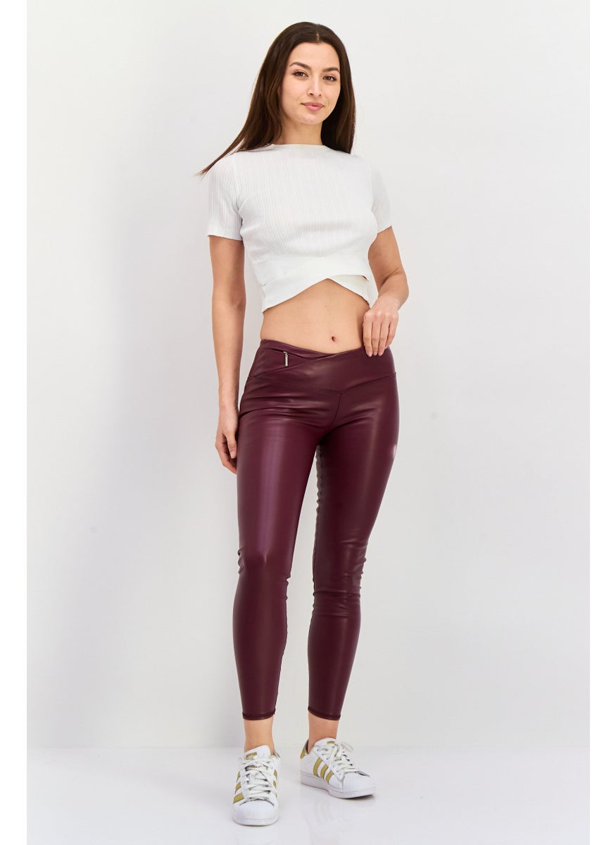 Tahari Sports - Women Sportswear Fit Faux Leather Training Leggings, Maroon - Image 1