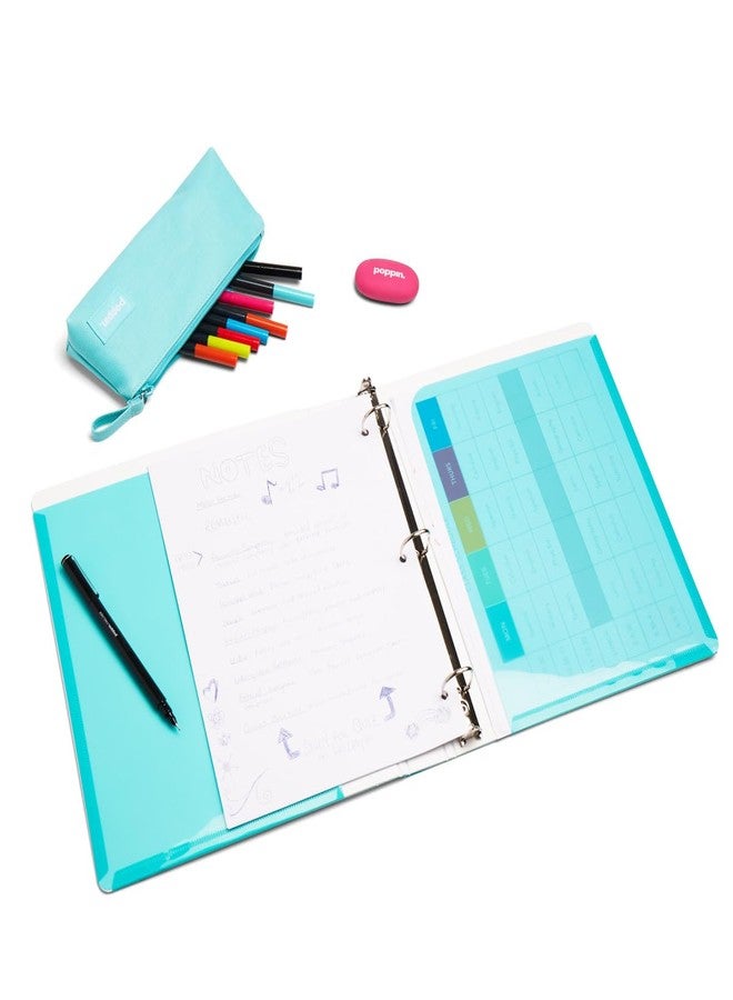 Poppin 1 Inch Binder - 3 Ring Binder with D-Shaped Rings and Easy Open Lever, 200 Sheet Capacity, Front and Back Translucent Pockets, 2 Interior Pockets, Cute Paper Storage (Aqua) - Image 3