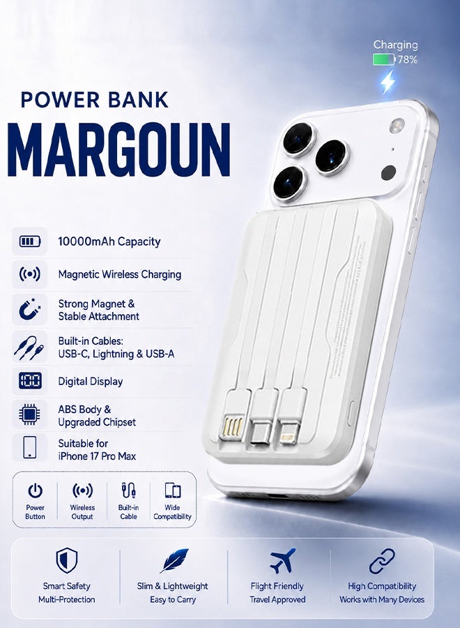 Magnetic Power Bank 10000mAh for iPhone 17 Pro – MagSafe Compatible Portable Wireless Charger with Built-in Cables Type-C, Lightning, USB white