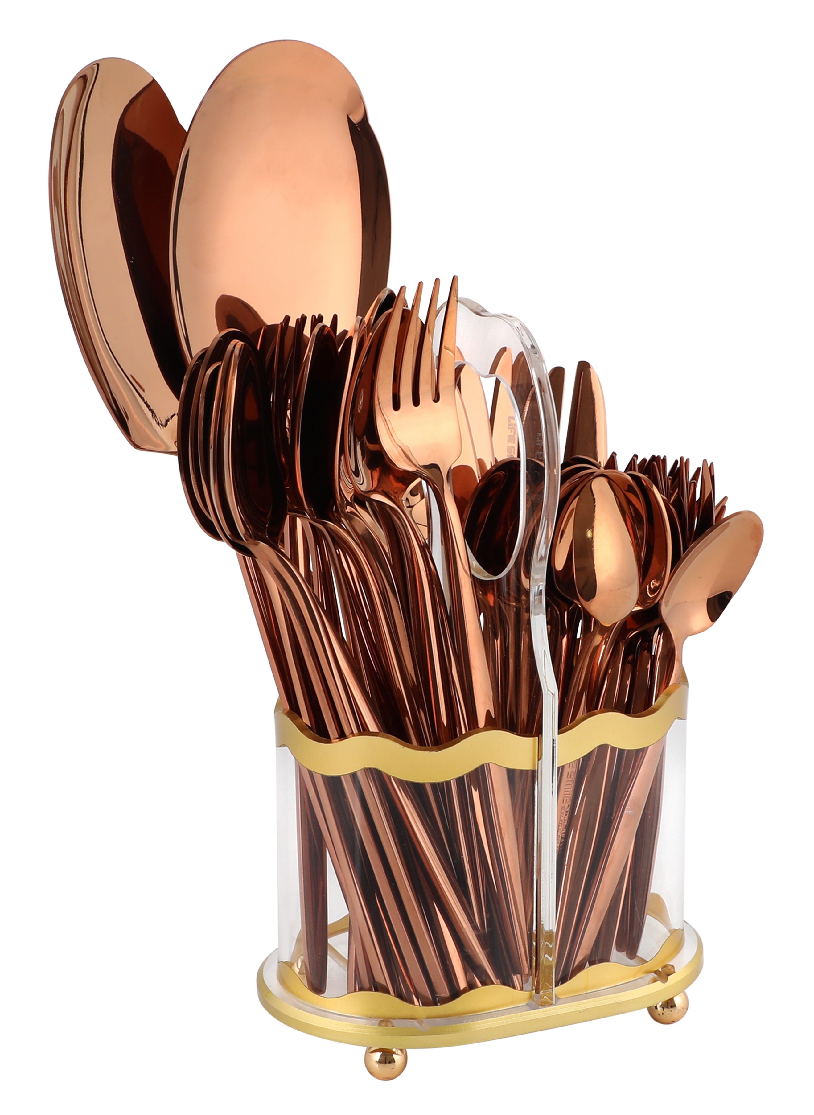 Life Smile LIFE SMILE 63-Piece 18/10 Stainless Steel Spoon Cutlery Set Includes Knife and Forks With Cutlery Holder Tea And Ice Spoons Dinner And Cake Fork, Fruit Knife, Soup Ladle, Rice Server (SHINE ROSE GOLD) 