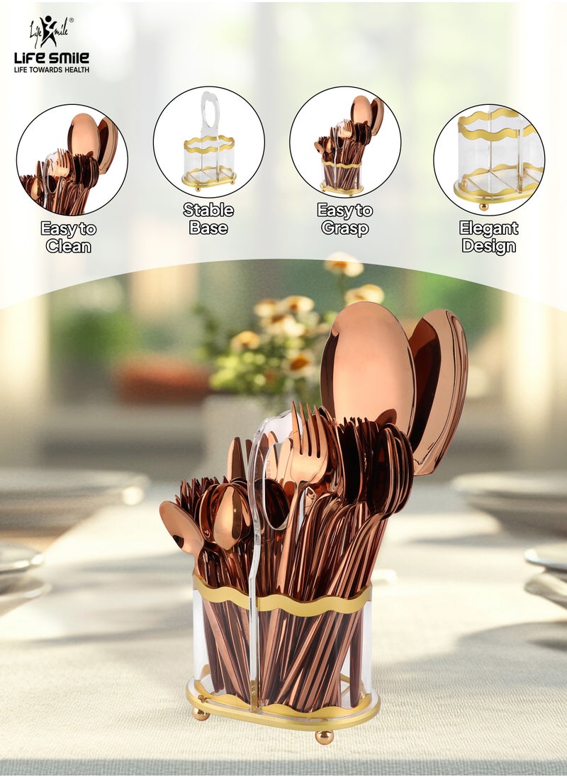 Life Smile LIFE SMILE 63-Piece 18/10 Stainless Steel Spoon Cutlery Set Includes Knife and Forks With Cutlery Holder Tea And Ice Spoons Dinner And Cake Fork, Fruit Knife, Soup Ladle, Rice Server (SHINE ROSE GOLD)  - Image 2