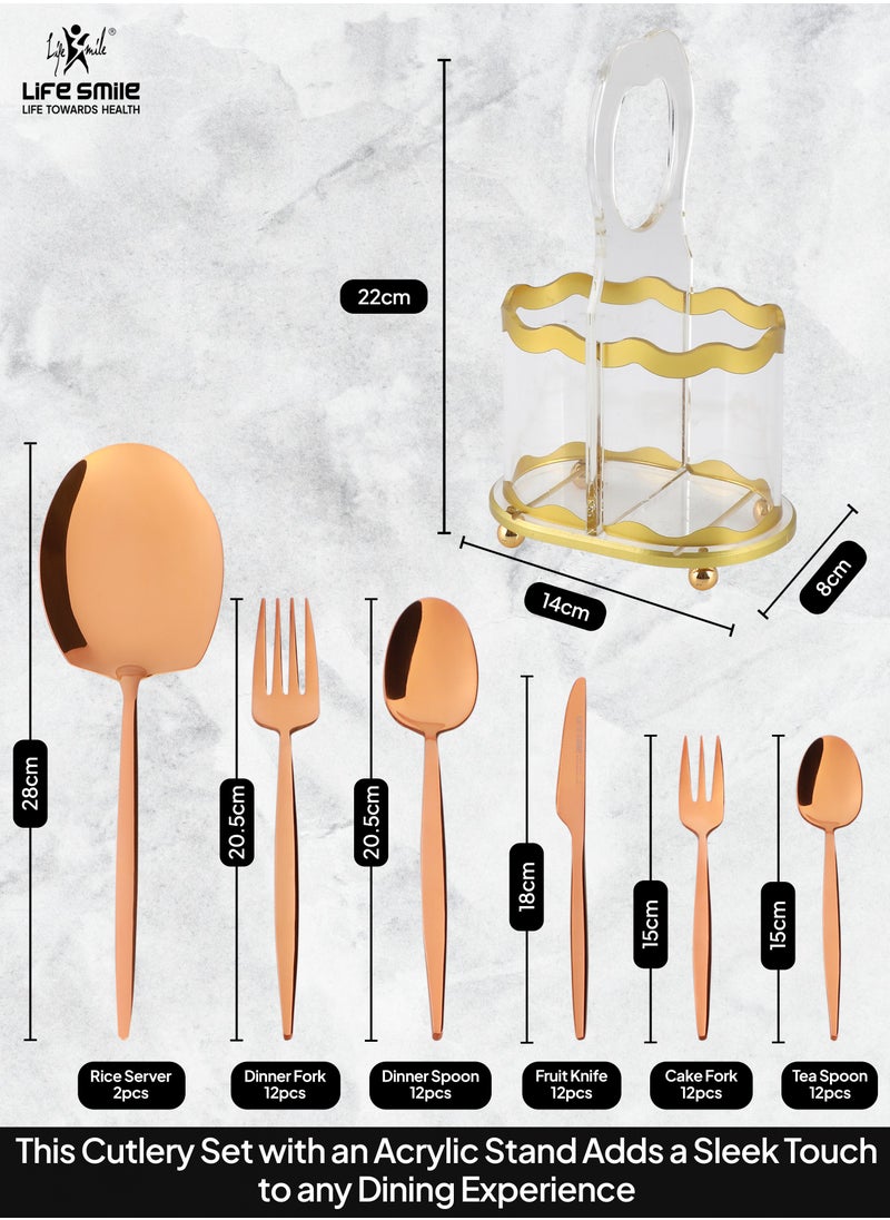 Life Smile LIFE SMILE 63-Piece 18/10 Stainless Steel Spoon Cutlery Set Includes Knife and Forks With Cutlery Holder Tea And Ice Spoons Dinner And Cake Fork, Fruit Knife, Soup Ladle, Rice Server (SHINE ROSE GOLD)  - Image 3