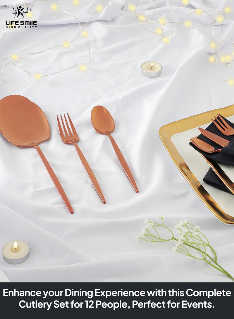 Life Smile LIFE SMILE 63-Piece 18/10 Stainless Steel Spoon Cutlery Set Includes Knife and Forks With Cutlery Holder Tea And Ice Spoons Dinner And Cake Fork, Fruit Knife, Soup Ladle, Rice Server (SHINE ROSE GOLD)  - Image 5
