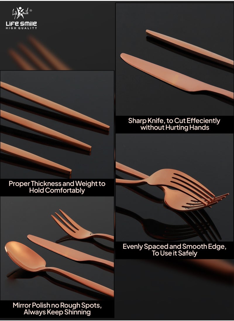 Life Smile LIFE SMILE 63-Piece 18/10 Stainless Steel Spoon Cutlery Set Includes Knife and Forks With Cutlery Holder Tea And Ice Spoons Dinner And Cake Fork, Fruit Knife, Soup Ladle, Rice Server (SHINE ROSE GOLD)  - Image 4