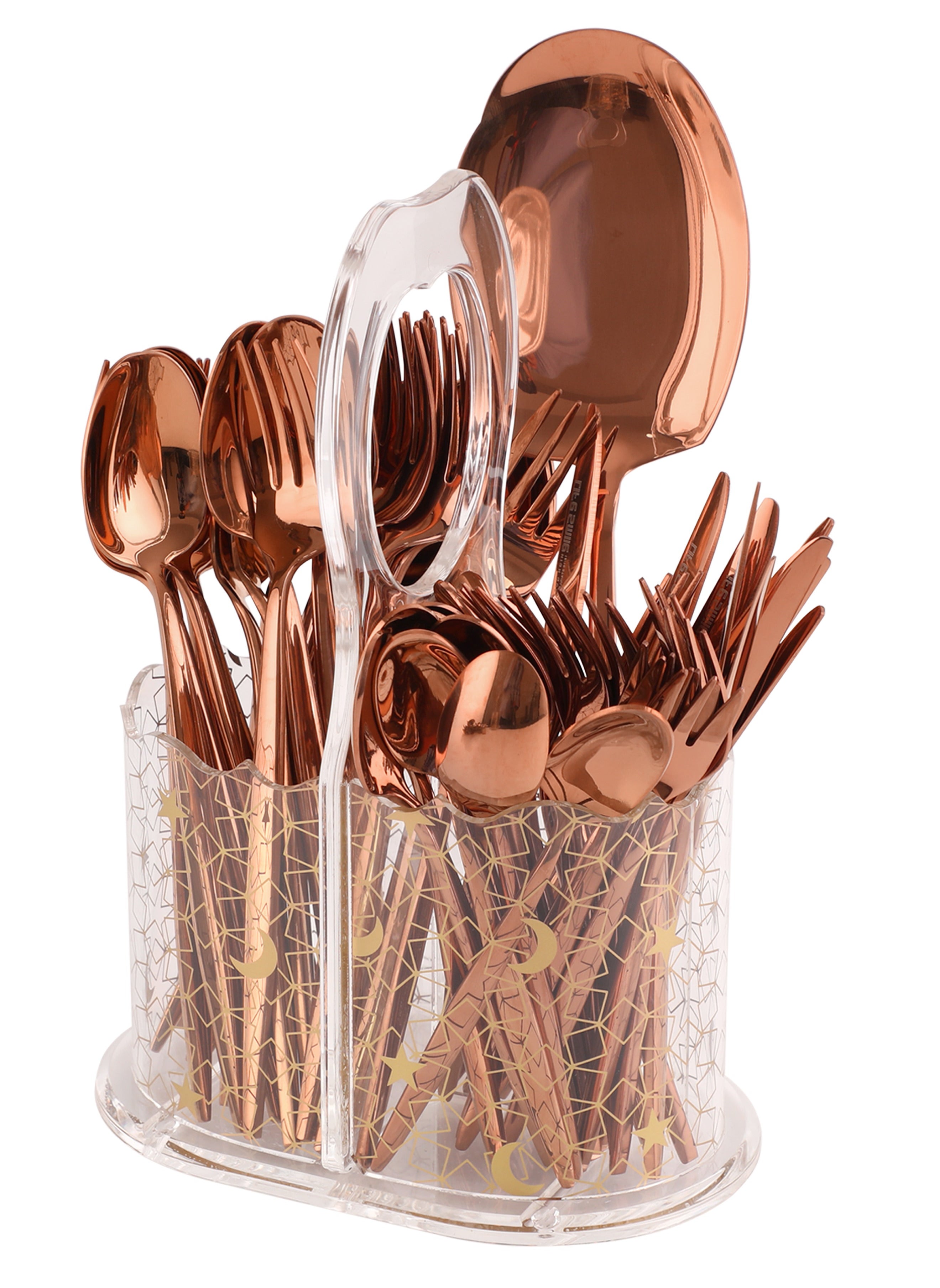 Life Smile LIFE SMILE 63-Piece 18/10 Stainless Steel Spoon Cutlery Set Includes Knife and Forks With Cutlery Holder Tea And Ice Spoons Dinner And Cake Fork, Fruit Knife, Soup Ladle, Rice Server (SHINE ROSE GOLD) 