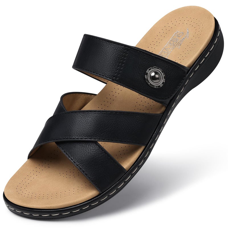 SHIBEVER Women Slides Summer Sandals: Comfortable Walking - Black Slip on Flat Sandals Dressy - Arch Support Sandal Open Toe Size 8 - Image 1