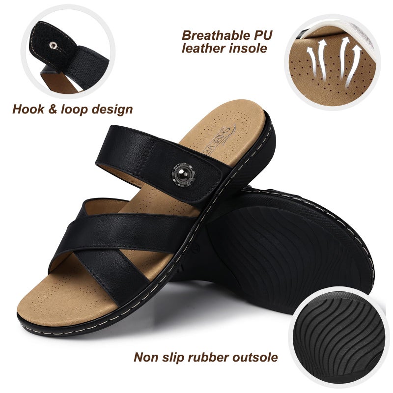 SHIBEVER Women Slides Summer Sandals: Comfortable Walking - Black Slip on Flat Sandals Dressy - Arch Support Sandal Open Toe Size 8 - Image 4