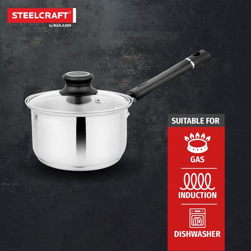 Steelcraft Steelcraft Premium Stainless Steel Accord Saucepan withglass lid 16 cm 1200ml Induction Friendly Cook and Serve for Multipurpose Cooking Silver Set of 1 - Image 3