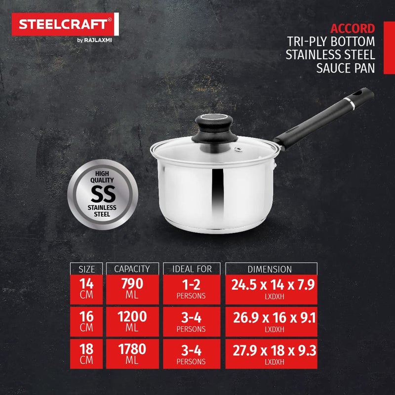 Steelcraft Steelcraft Premium Stainless Steel Accord Saucepan withglass lid 16 cm 1200ml Induction Friendly Cook and Serve for Multipurpose Cooking Silver Set of 1 - Image 5