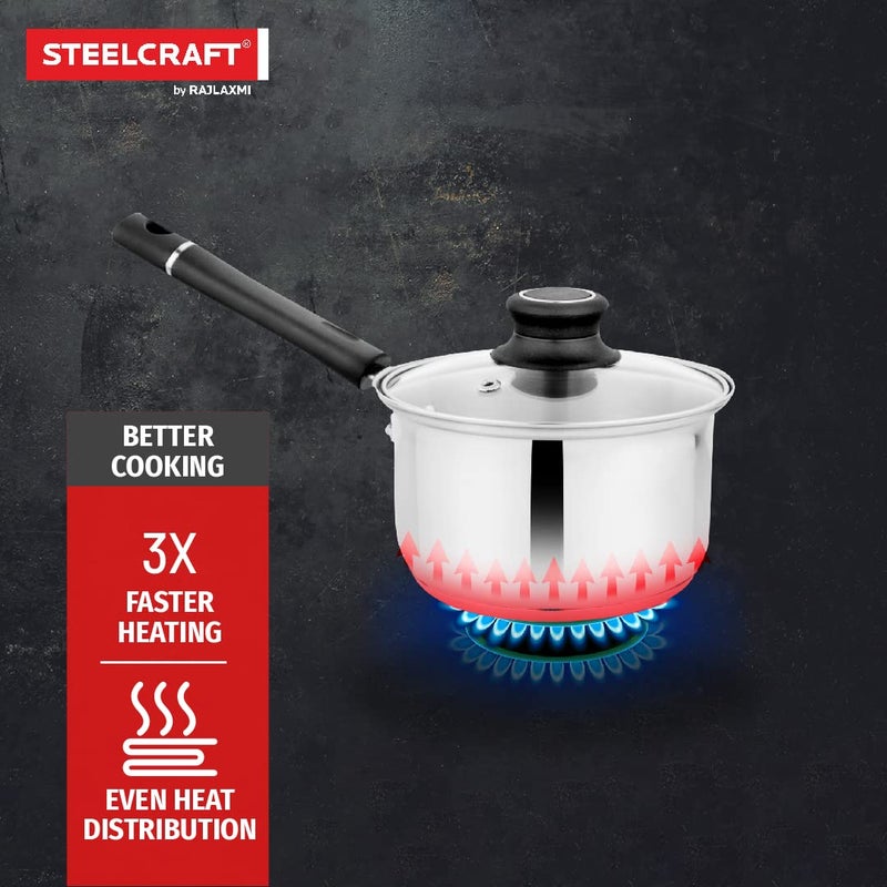 Steelcraft Steelcraft Premium Stainless Steel Accord Saucepan withglass lid 16 cm 1200ml Induction Friendly Cook and Serve for Multipurpose Cooking Silver Set of 1 - Image 4