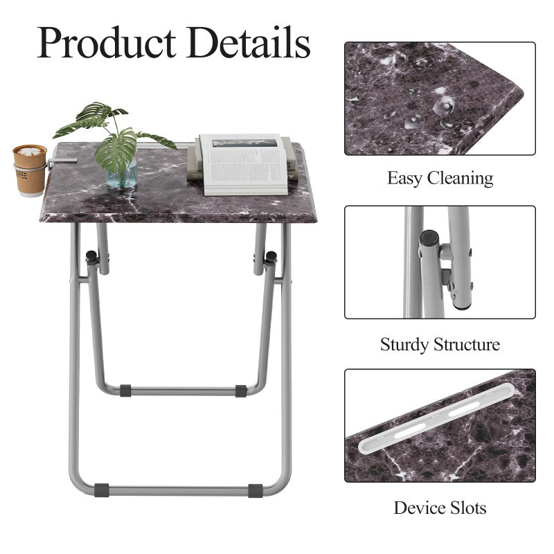 Fleecy day Folding TV Tray Table with Cup Holder, TV Dinner Table with Sturdy MDF Top, Eating Trays with Tablet Slot for Living Room, Bedroom, Sofa, 15 x 18.9 x 25.6 in (Black Marble, 2Pcs) - Image 4