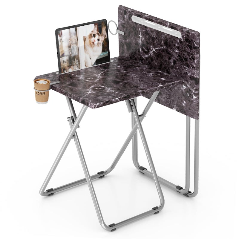 Fleecy day Folding TV Tray Table with Cup Holder, TV Dinner Table with Sturdy MDF Top, Eating Trays with Tablet Slot for Living Room, Bedroom, Sofa, 15 x 18.9 x 25.6 in (Black Marble, 2Pcs) - Image 1