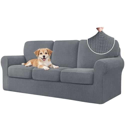 CHUN YI 7 Piece Couch Covers Sofa Covers Washable, Stretch Sofa Slipcover for 3 Cushion Couch with Seperate Backrest and Cushion Covers, Anti Slip Furniture Protector for Dogs Pets (Large, Light Grey) - Image 1