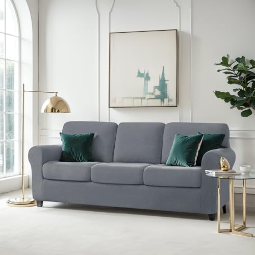 CHUN YI 7 Piece Couch Covers Sofa Covers Washable, Stretch Sofa Slipcover for 3 Cushion Couch with Seperate Backrest and Cushion Covers, Anti Slip Furniture Protector for Dogs Pets (Large, Light Grey) - Image 2