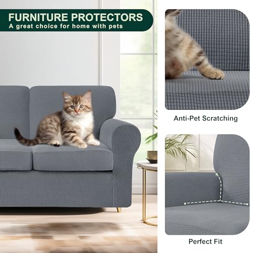 CHUN YI 7 Piece Couch Covers Sofa Covers Washable, Stretch Sofa Slipcover for 3 Cushion Couch with Seperate Backrest and Cushion Covers, Anti Slip Furniture Protector for Dogs Pets (Large, Light Grey) - Image 4