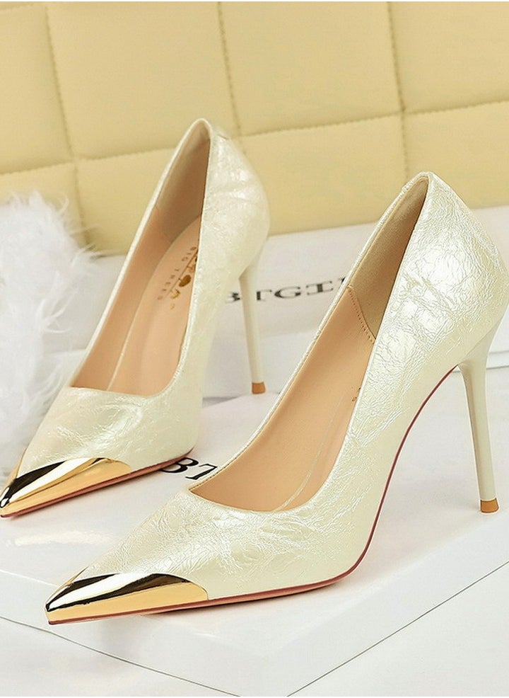 BIGTREE Women's Metal Closed Pointed Toe Party Stiletto Pumps Daily High Heels 9.5CM White  - Image 1