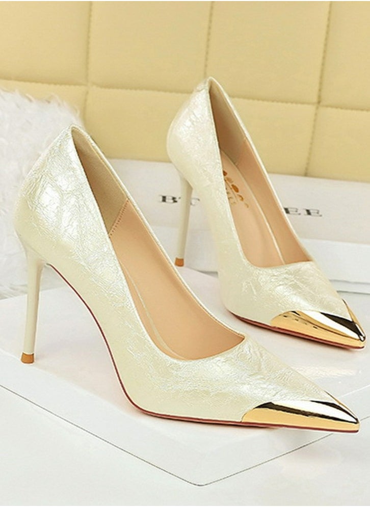 BIGTREE Women's Metal Closed Pointed Toe Party Stiletto Pumps Daily High Heels 9.5CM White  - Image 2