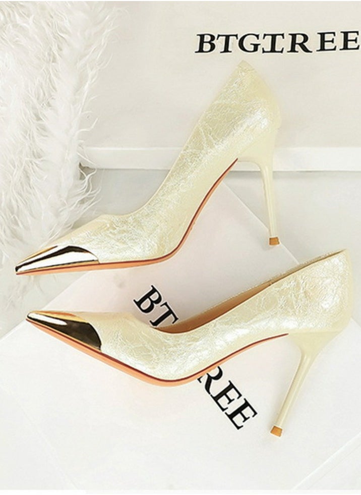 BIGTREE Women's Metal Closed Pointed Toe Party Stiletto Pumps Daily High Heels 9.5CM White  - Image 3