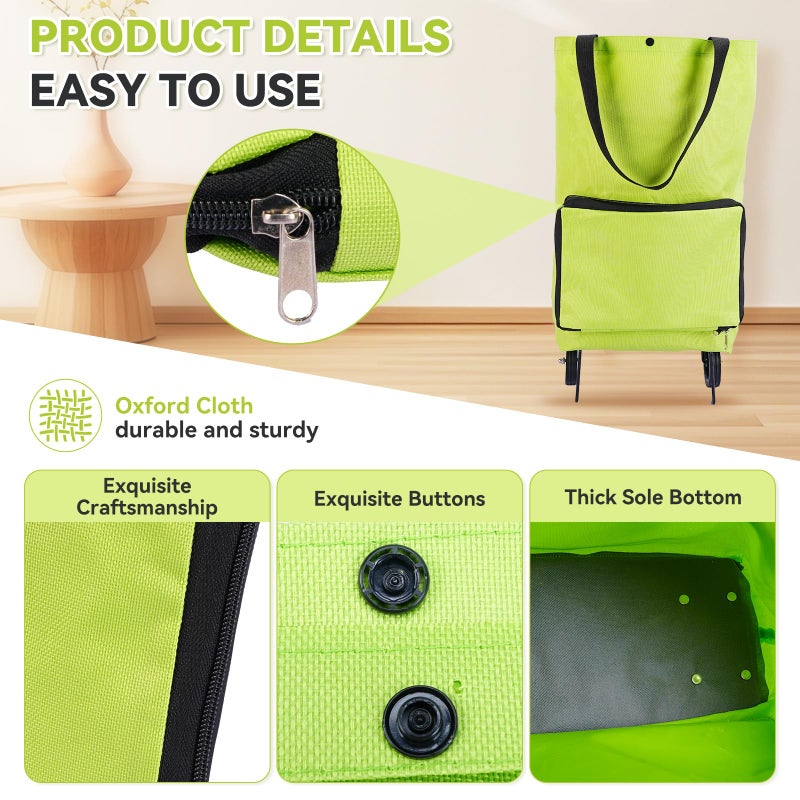 Vikooyes Collapsible Shopping Grocery Bag with Wheels Rolling Tote Bag with Wheels Large Reusable Shopping Bags Foldable Cart (Green) - Image 4