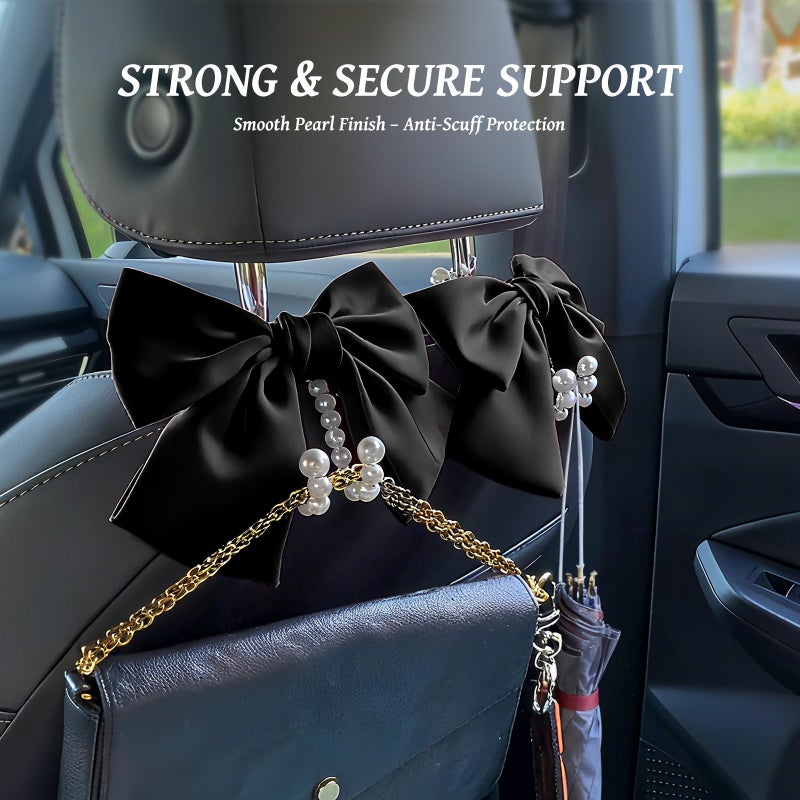 Linsdala 2 PCS Bow Pearl Car Seat Headrest Hook â€“ Cute Purse Hook for Car, Girly Interior Decoration Accessories Hook Hanger, Seatback Holder for Purses & Bags, Elegant Car Organizer for Women (Black) - Image 3