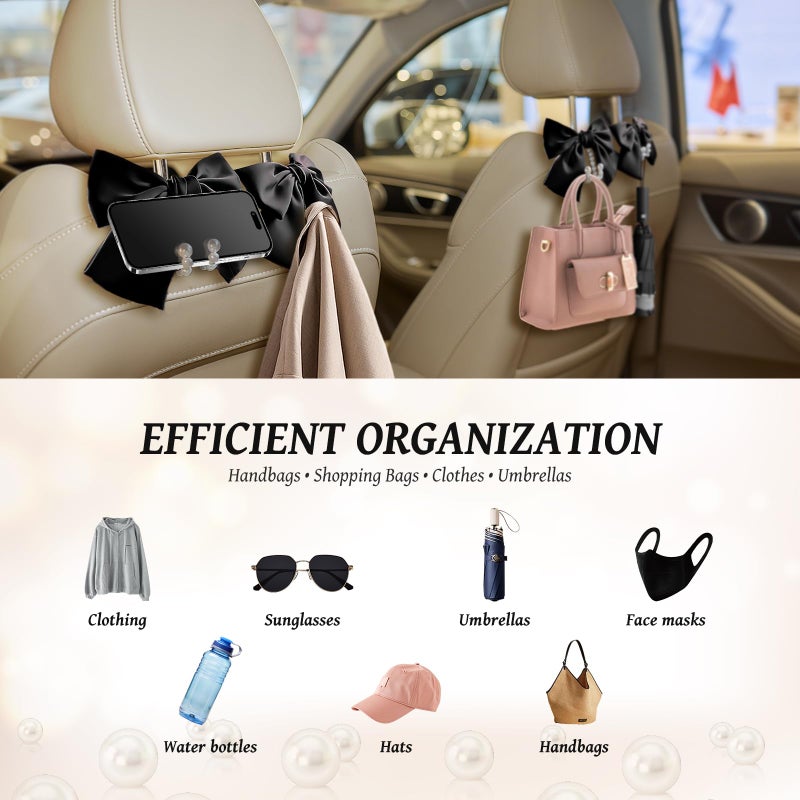Linsdala 2 PCS Bow Pearl Car Seat Headrest Hook â€“ Cute Purse Hook for Car, Girly Interior Decoration Accessories Hook Hanger, Seatback Holder for Purses & Bags, Elegant Car Organizer for Women (Black) - Image 4