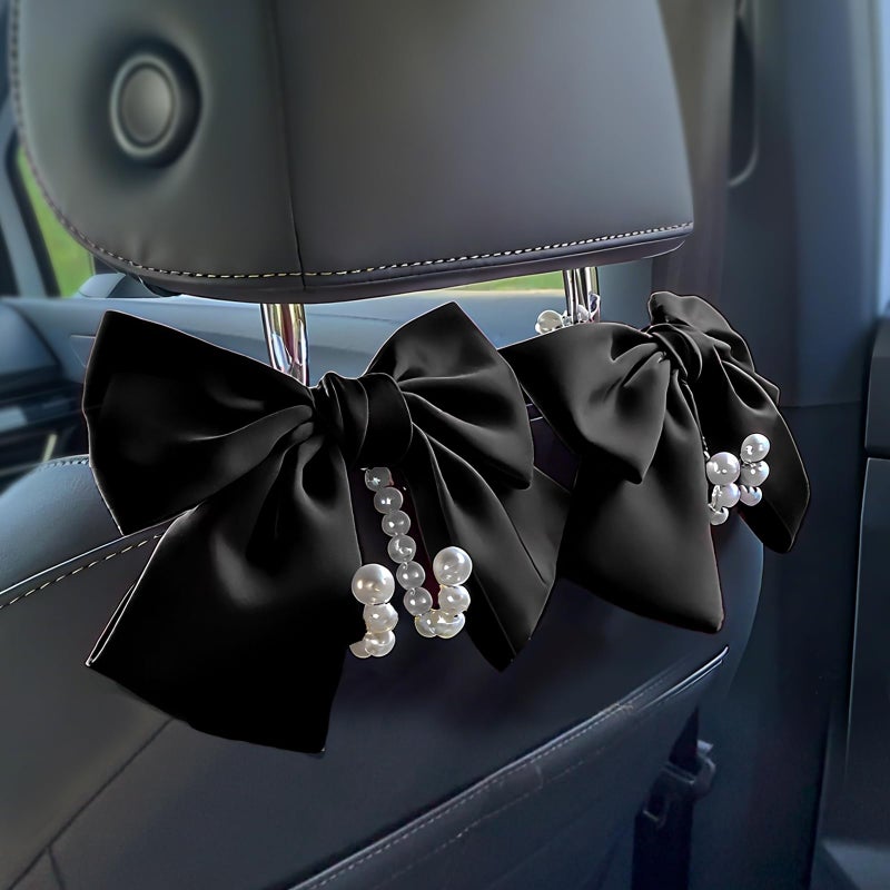 Linsdala 2 PCS Bow Pearl Car Seat Headrest Hook â€“ Cute Purse Hook for Car, Girly Interior Decoration Accessories Hook Hanger, Seatback Holder for Purses & Bags, Elegant Car Organizer for Women (Black) - Image 1