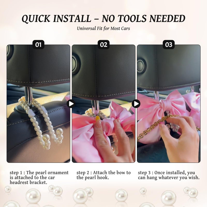 Linsdala 2 PCS Bow Pearl Car Seat Headrest Hook â€“ Cute Purse Hook for Car, Girly Interior Decoration Accessories Hook Hanger, Seatback Holder for Purses & Bags, Elegant Car Organizer for Women (Black) - Image 5