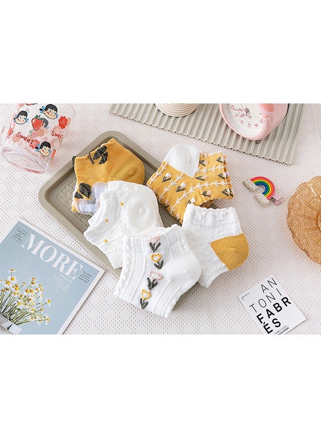 5 أزواج من الجوارب النسائية الكاجوال ذات الحواف الدانتيلية، جوارب زهرية على طراز القصر، جوارب قصيرة للكاحل بتصميم فني عتيق. (أصفر/أبيض) - Image 5