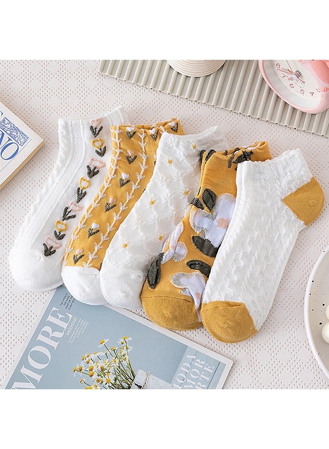 5 أزواج من الجوارب النسائية الكاجوال ذات الحواف الدانتيلية، جوارب زهرية على طراز القصر، جوارب قصيرة للكاحل بتصميم فني عتيق. (أصفر/أبيض) - Image 1