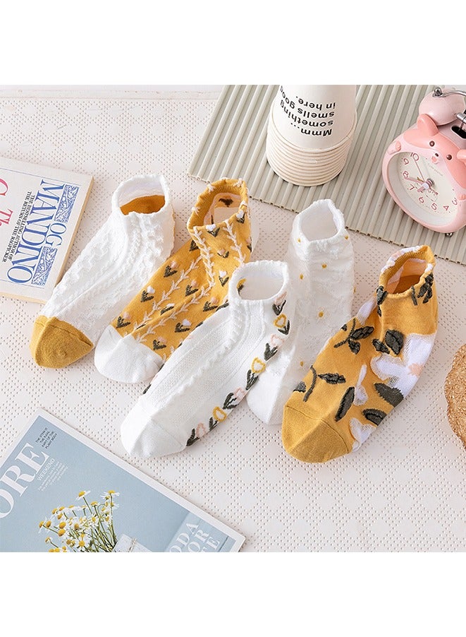 5 أزواج من الجوارب النسائية الكاجوال ذات الحواف الدانتيلية، جوارب زهرية على طراز القصر، جوارب قصيرة للكاحل بتصميم فني عتيق. (أصفر/أبيض) - Image 3