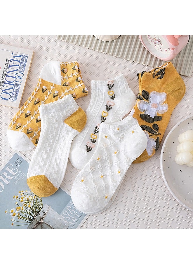 5 أزواج من الجوارب النسائية الكاجوال ذات الحواف الدانتيلية، جوارب زهرية على طراز القصر، جوارب قصيرة للكاحل بتصميم فني عتيق. (أصفر/أبيض) - Image 2
