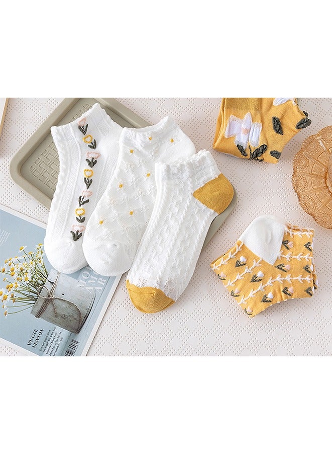 5 أزواج من الجوارب النسائية الكاجوال ذات الحواف الدانتيلية، جوارب زهرية على طراز القصر، جوارب قصيرة للكاحل بتصميم فني عتيق. (أصفر/أبيض) - Image 4