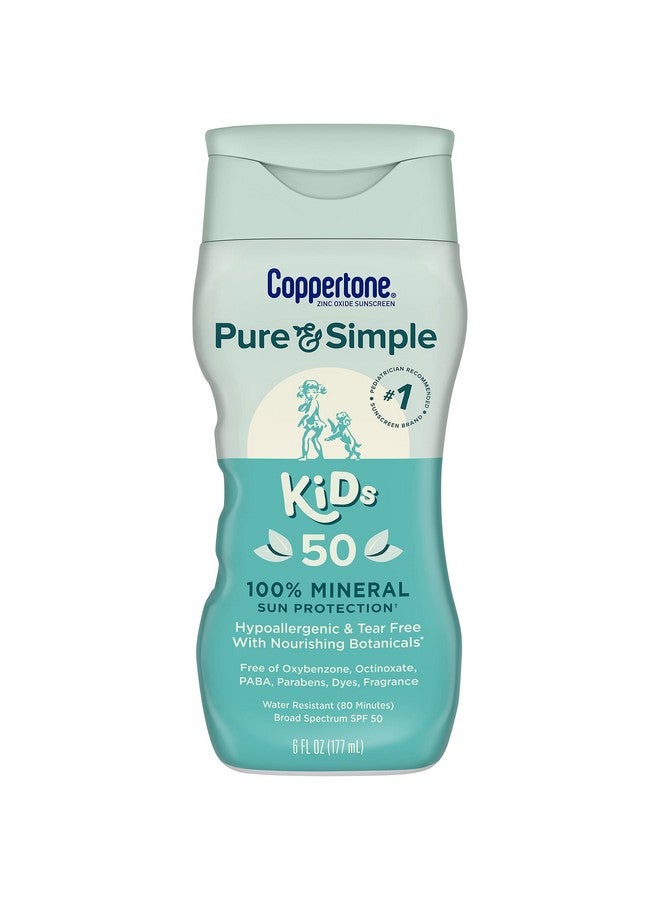 Coppertone Pure And Simple Kids Sunscreen Lotion Spf 50, Zinc Oxide Mineral Sunscreen For Kids, Tear Free, Water Resistant, Broad Spectrum Sunscreen Spf 50, 6 Fl Oz Bottle - Image 1