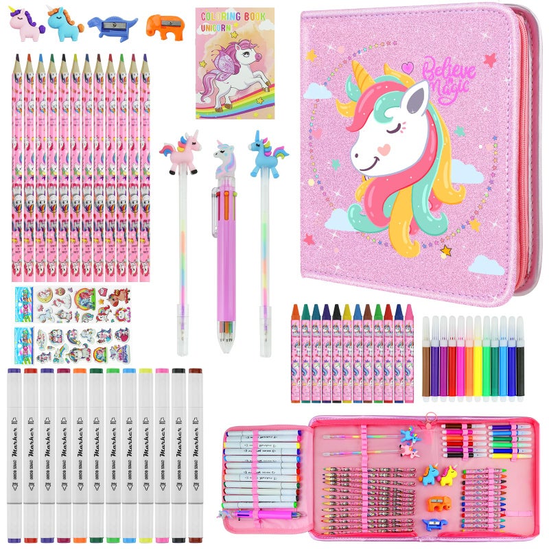 JAMIEWIN Markers Set with Glitter Unicorn Pencil Case 59 Pcs Art and Craft Supplies Kit for Kids Unicorn Gifts for Girls 49 Year Old for Christmas Birthday - Image 2