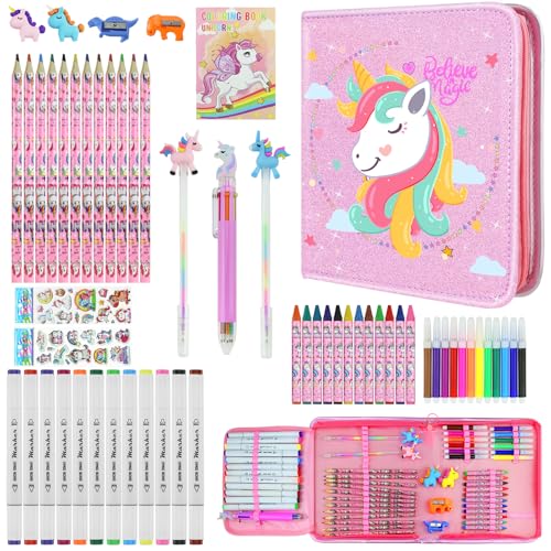 JAMIEWIN Markers Set with Glitter Unicorn Pencil Case 59 Pcs Art and Craft Supplies Kit for Kids Unicorn Gifts for Girls 49 Year Old for Christmas Birthday - Image 1