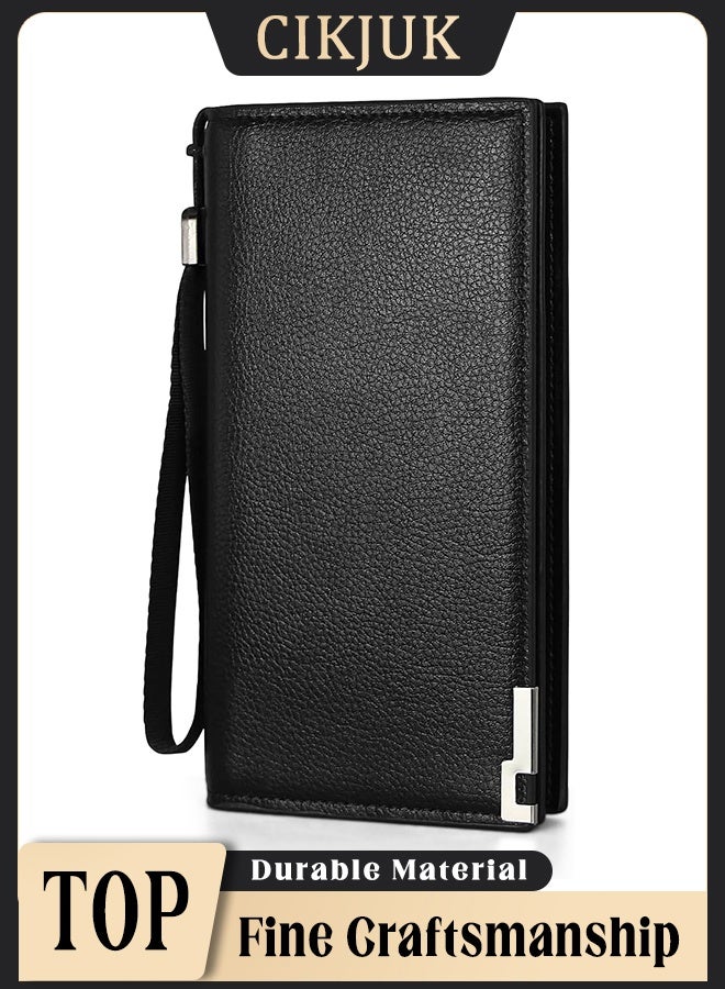 CIKJUK Long Wallet Men Leather Zipper RFID Blocking Large Capacity Bifold Mens Wallet Multi Travel Clutch Wristlet Money Bag