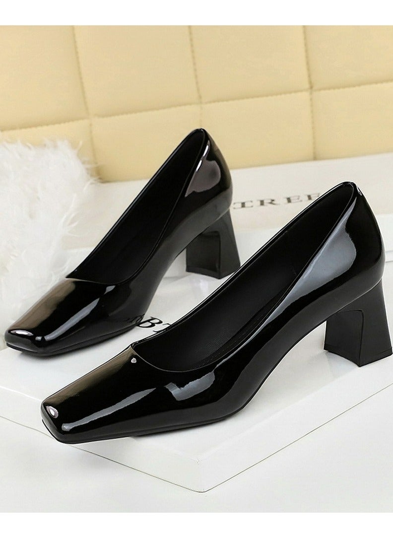 BIGTREE Womens Chunky Mid Heels Square Closed Toe Patent Leather Pumps Black 5CM - Image 1