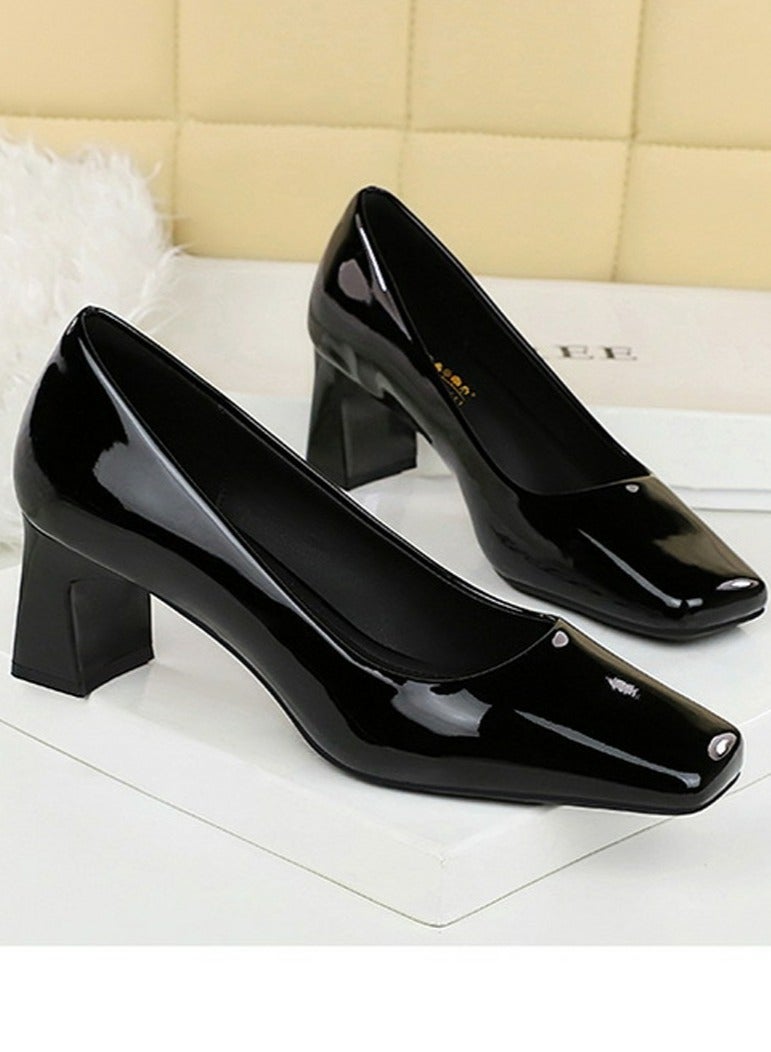 BIGTREE Womens Chunky Mid Heels Square Closed Toe Patent Leather Pumps Black 5CM - Image 2
