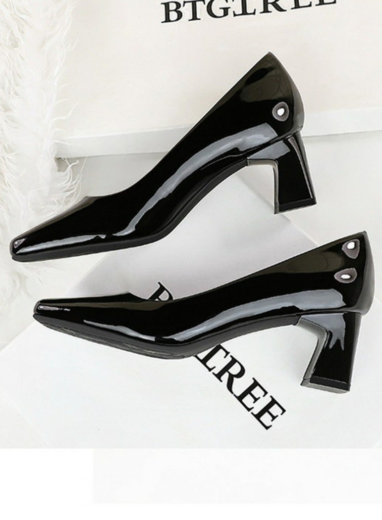BIGTREE Womens Chunky Mid Heels Square Closed Toe Patent Leather Pumps Black 5CM - Image 3