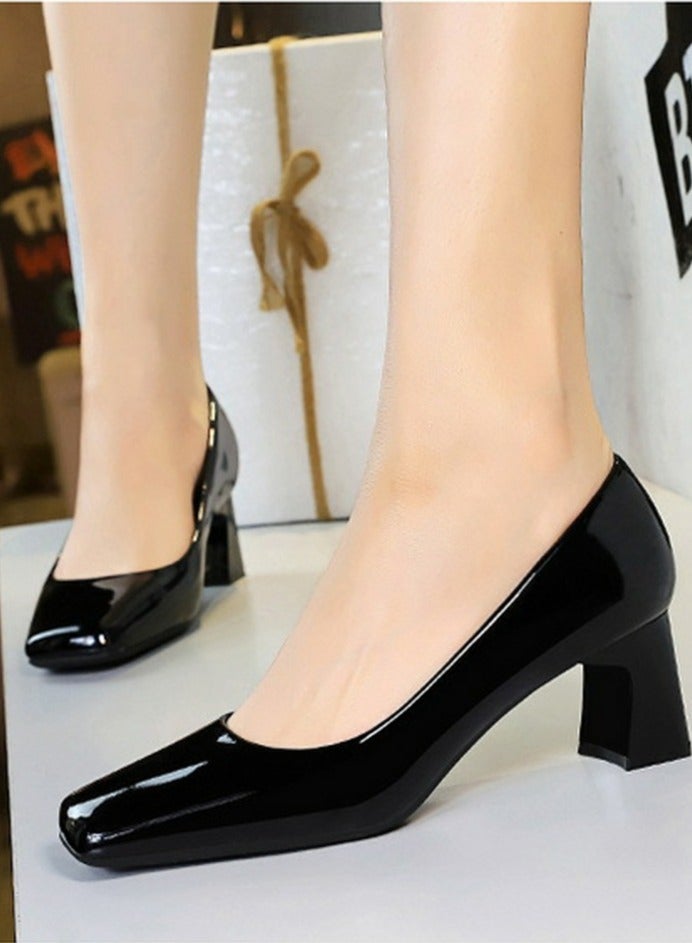 BIGTREE Womens Chunky Mid Heels Square Closed Toe Patent Leather Pumps Black 5CM - Image 4