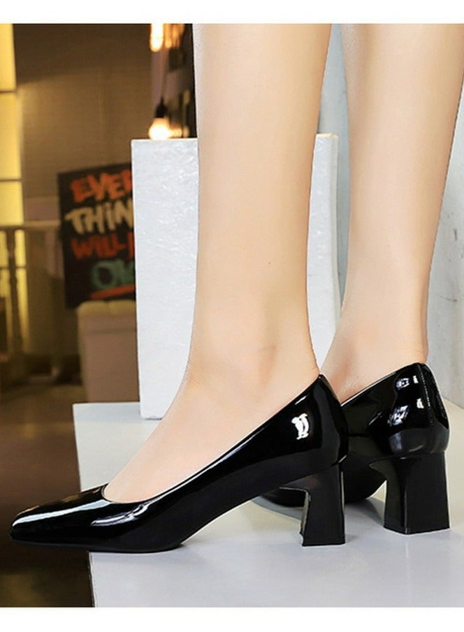 BIGTREE Womens Chunky Mid Heels Square Closed Toe Patent Leather Pumps Black 5CM - Image 5