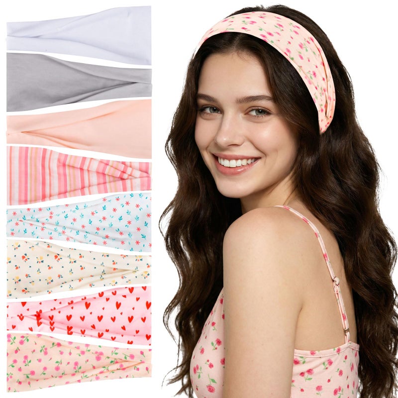obeoby 8 Pack Pink Cute Headbands for Girls Daughter, Floral Stripe Headbands for Spring Summer Outfit Non Slip Wide Headband - Image 1