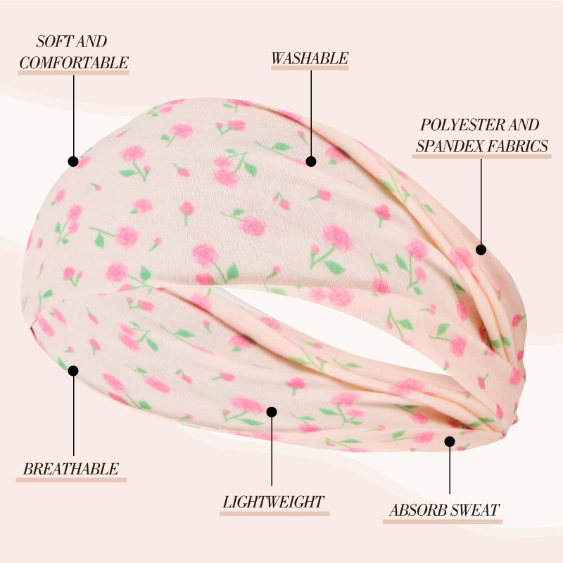 obeoby 8 Pack Pink Cute Headbands for Girls Daughter, Floral Stripe Headbands for Spring Summer Outfit Non Slip Wide Headband - Image 3