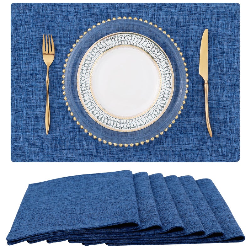 homing Cotton Linen Placemats Set of 6, Cloth Washable Farmhouse Dining Table Mats for Indoors & Outdoors, Easy to Clean, Navy Blue, 13 x 19 Inch - Image 1