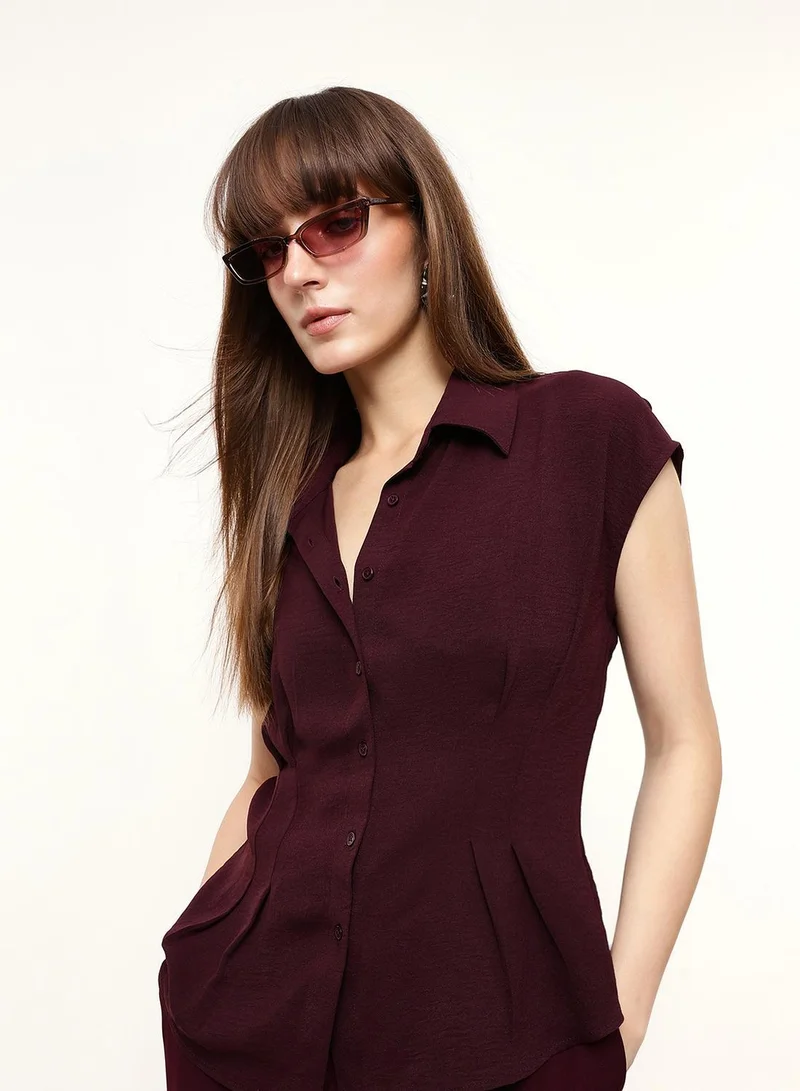 Wine Poly Solid Print Camisole Regular Fit Tops For Women