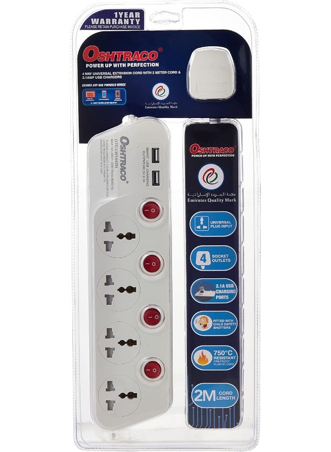 OSHTRACO كابل تمديد مع مفتاح 4 طرق من أوشتراكو مع سلك بطول 2 متر و 2.1A USB - Image 1