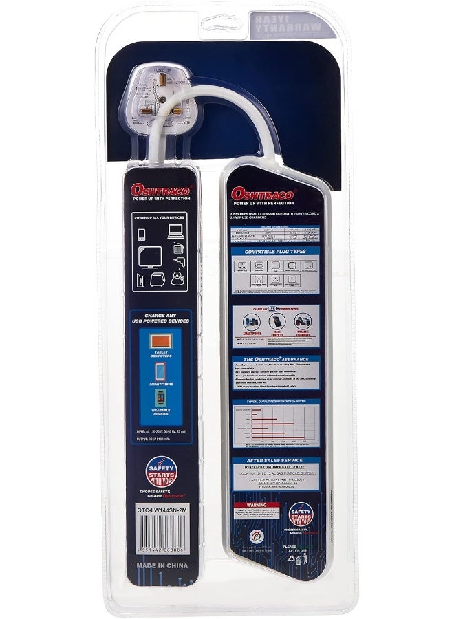 OSHTRACO كابل تمديد مع مفتاح 4 طرق من أوشتراكو مع سلك بطول 2 متر و 2.1A USB - Image 2
